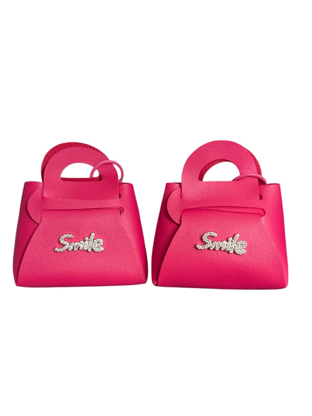 SISI SMILE HOT PINK RHINESTONE BLING BAG CHARM KEYCHAIN SET OF TWO